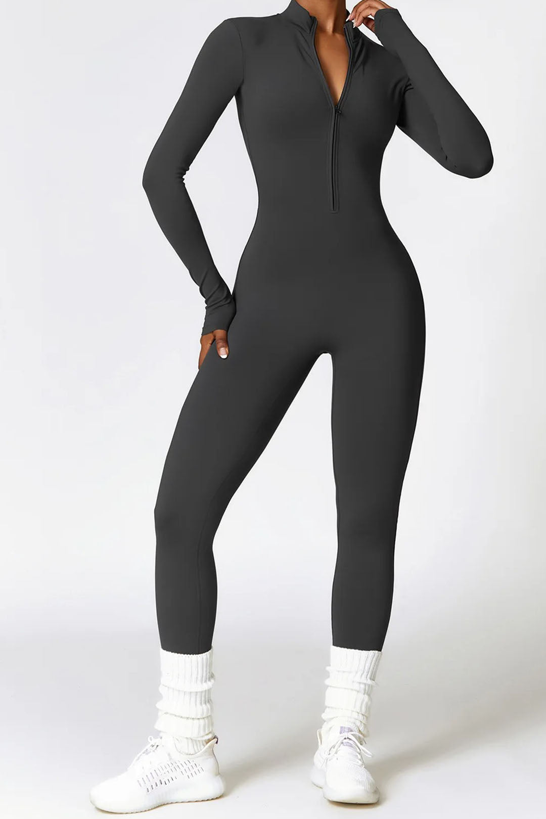 Soft Sculpt Long Sleeve Mock Zip Jumpsuit by BASE BODY.