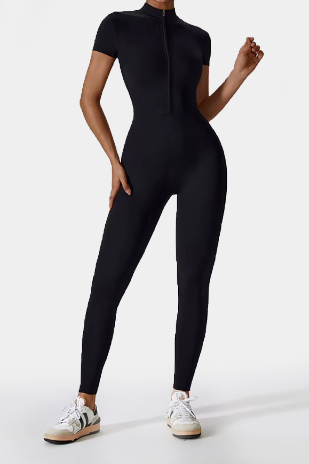 Soft Sculpt Short Sleeve Mock Zip Jumpsuit