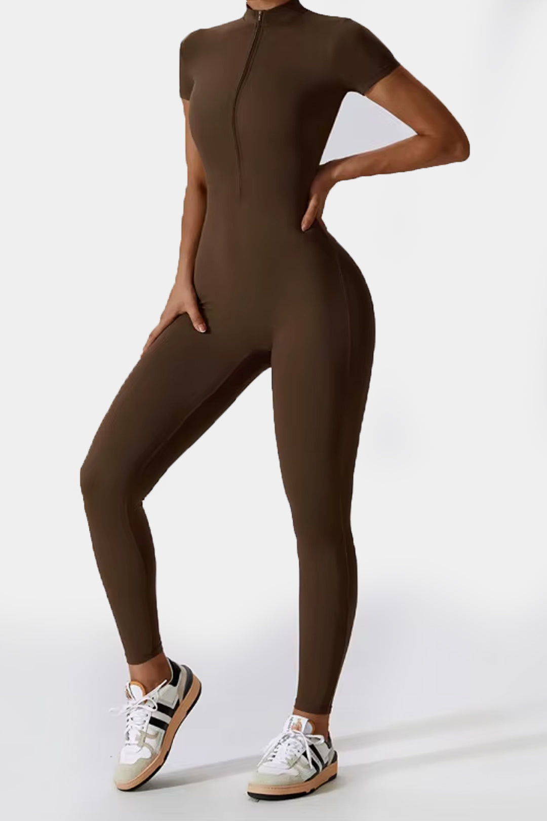 Soft Sculpt Short Sleeve Mock Zip Jumpsuit