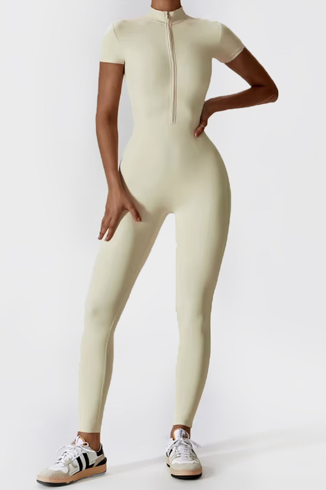 Soft Sculpt Short Sleeve Mock Zip Jumpsuit